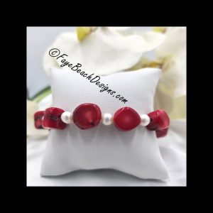 Red Carol Nuggets and White Freshwater Pearl Bracelet
