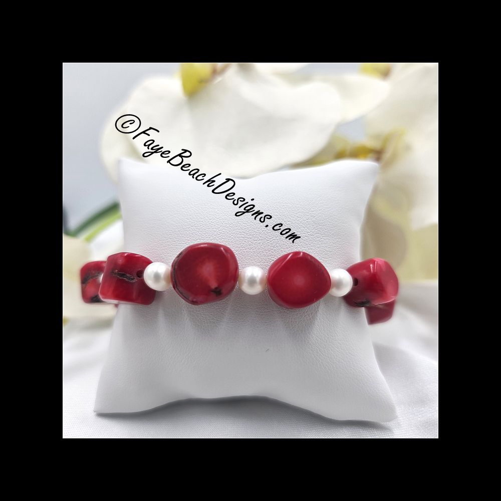 Red Carol Nuggets and White Freshwater Pearl Bracelet